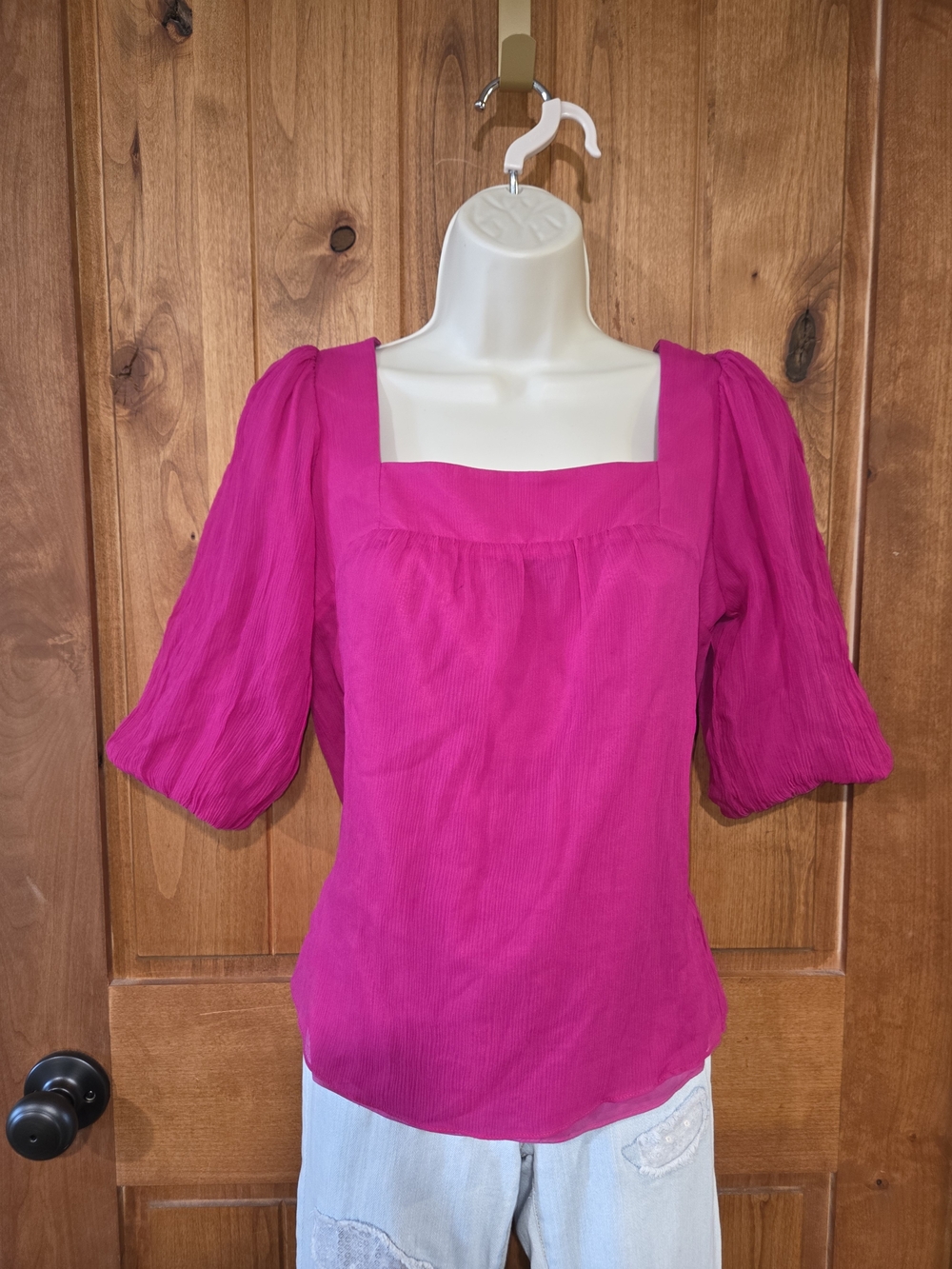 DREW Fuchsia Square Neck Puff‎ Sleeve Blouse